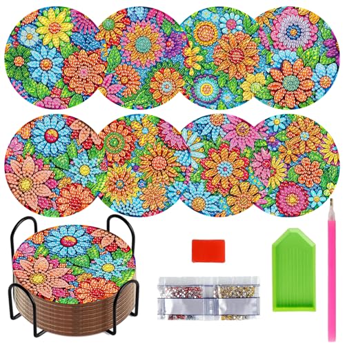 ZZHBSR Diamond Painting Untersetzer,Diamant Tassenuntersetzer 8 Stück Blume DIY Set, Diamant Malerei Coasters Kits with Holder rutschfest hitzebeständig Geeignet für Familien Restaurant von ZZHBSR