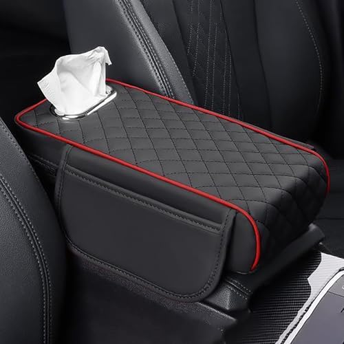 ZZHIOJNK Auto Armlehne Kissen für Hyundai Kona 2017-2020 2021 2022 2023 2024, Leder Center Console Armlehnen Polster Mit Papierkartonloch Auto Innenraum Zubehör,Black-Red von ZZHIOJNK