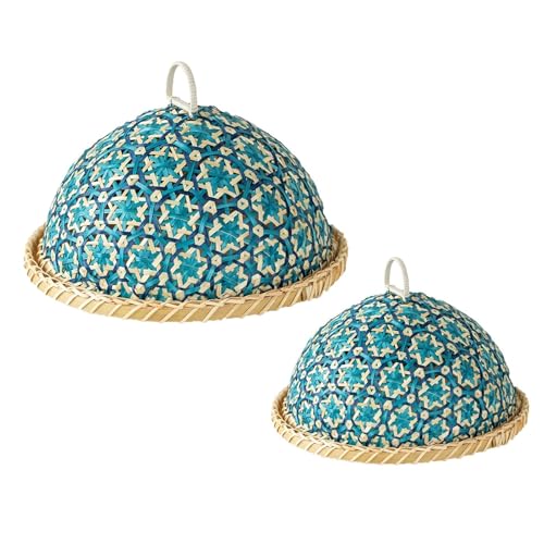 ZZHYTANG Handgemachter Runder Rattanweb-Brotkorb Und Obsttablett Mit Deckel, Ästhetisches Geschirr for Küche Und Esszimmer(Blue-2 pcs) von ZZHYTANG