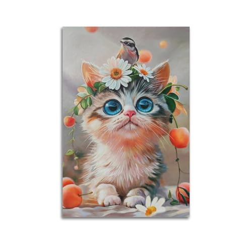 ZZLFLY Tierposter mit Katze mit Blumen, dekoratives Gemälde, Leinwand, Wandposter und Kunstdruck, moderne Familienschlafzimmer-Dekoration, Poster, 30 x 45 cm von ZZLFLY