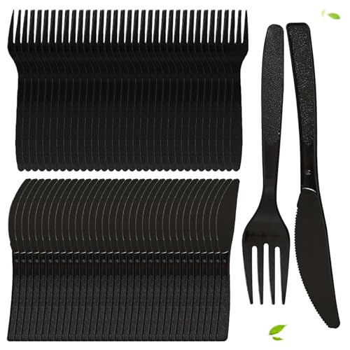 Plastikbesteck, 200 Stück Plastik besteck set,100 Plastik Messer 100 Plastikgabeln, Wiederverwendbar, Geeignet für Partys, Familienfeiern und Veranstaltungen im Abendessen (schwarz) von ZZRSYJ