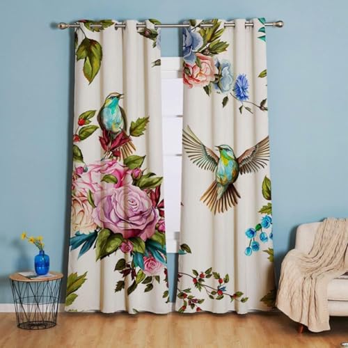 ZZTBQ Blumen Vögel Muster Blickdichte Vorhänge Vorhang,Floral Thermovorhang Kälteschutz Gardinen Ösen Verdunkelungsvorhang für Schlafzimmer Wohnzimmer, 140x175 cm (BxH), 2er Set von ZZTBQ