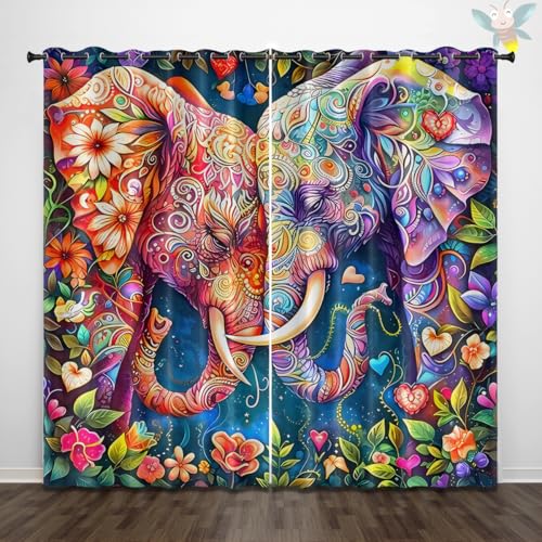 ZZTBQ Boho Thermovorhang Kälteschutz BöHmisches Elefanten Tier2er Set H 175 x B 140 cm Schlafzimmer Gardinen Blickdicht Mandala Blumenmuster Verdunklungsvorhänge mit Ösen Thermal Curtains Blackout von ZZTBQ