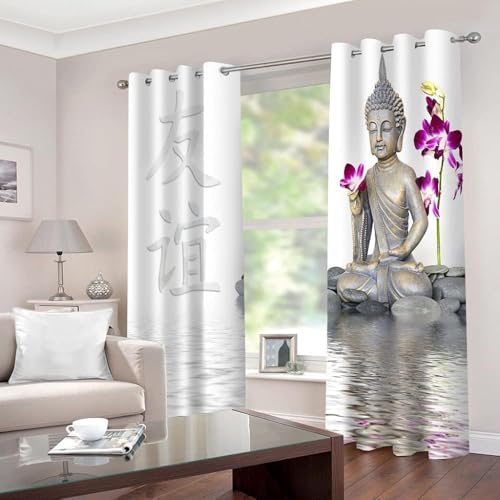 ZZTBQ Buddha-Statue Verdunkelungsvorhang Steinbuddha Verdunkelungsgardinen mit Ösen Thermovorhang Blickdicht Schlafzimner Vorhang Winter, 140x225 cm (BxH), 2er Set von ZZTBQ