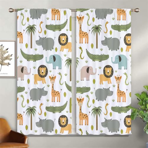 ZZTBQ Cartoon Safari Kurz Gardinen Blickdicht Dschungel Tier2er Set H 90 x B 132 cm Ösenvorhang Vorhang Verdunkelungsvorhang Wildtiere Löwe Elefant Giraffe Küchengardinen mit Ösen von ZZTBQ
