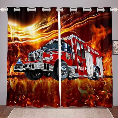 ZZTBQ Feuerwehrauto Verdunkelungsvorhang Für Kinderzimmer Feuerwehrauto Auto Karikatur Rote Feuerwehr Gardinen Blickdichter 2er Set Vorhang Verdunkelung mit Ösen 150x166cm von ZZTBQ