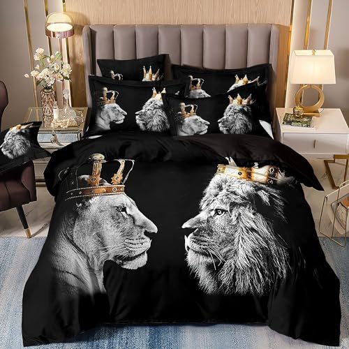 ZZTBQ Löwe Lion Bettwäsche 220x240 Bettbezug Erwachsener 220 x 240 Tiermotiv Bettwäsche-Sets 220x240 aus Mikrofaser mit Reißverschluss von ZZTBQ