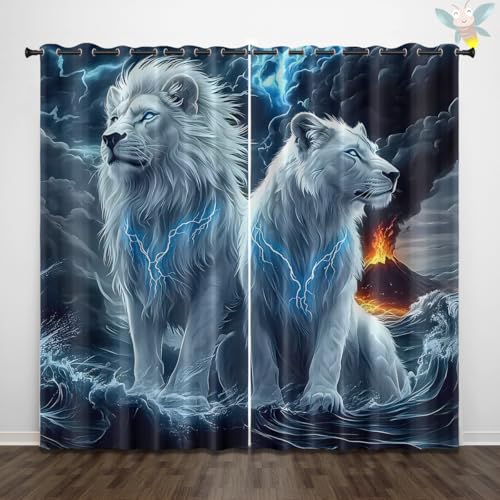 ZZTBQ Löwe Thermovorhang Kälteschutz Weiß Löwe2er Set H 175 x B 140 cm Schlafzimmer Gardinen Blickdicht Blitz Wellen Vulkan Muster Verdunklungsvorhänge mit Ösen Thermal Curtains Blackout von ZZTBQ