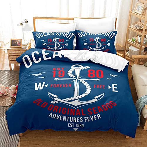 ZZTBQ Nautisch Anker Bettwäsche 220x240 Bettbezug Erwachsener 220 x 240 Ozeananker Seemann Navy Blau Bettwäsche-Sets 220x240 aus Mikrofaser mit Reißverschluss von ZZTBQ