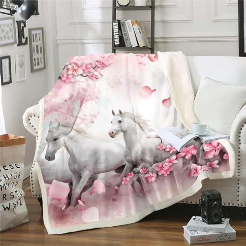 ZZTBQ Pferde Geschenk Drucken Kuscheldecke für Erwachsene Horse Pfer Weiß Rosa Kirschblüten Warm Sherpa Decke Dicke Sofa Flanell Fleecedecke 150x200cm Pferde Mädchen Geschenk Überwurfdecke von ZZTBQ