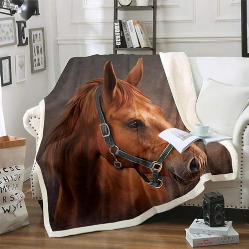 ZZTBQ Pferde Geschenk Drucken Kuscheldecke für Erwachsene Pferd Horse Pfer Braun Warm Sherpa Decke Dicke Sofa Flanell Fleecedecke 150x200cm Pferde Mädchen Geschenk Überwurfdecke für Bett Flauschige von ZZTBQ
