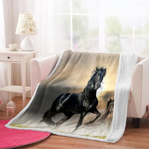 ZZTBQ Pferde Muster Drucken Kuscheldecke für Erwachsene 3D Tiere Pferd Warm Sherpa Decke Dicke Sofa Flanell Fleecedecke 150x200cm Schwarz Pferd Print Überwurfdecke für Bett Flauschige Wohndecke von ZZTBQ
