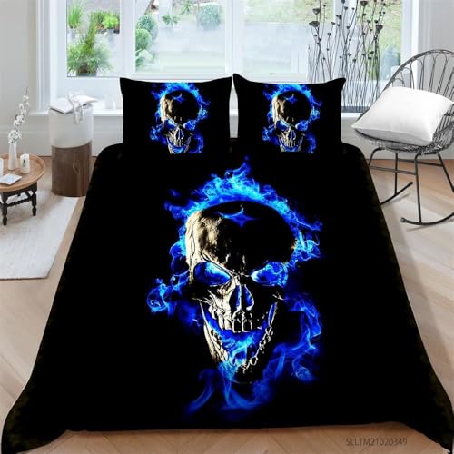 ZZTBQ Schwarz Bettwäsche 155x220 3teilig Totenkopf Kinderbettwäsche 1 Bettbezug 155x220 cm + 2 Kissenbezüge 80X80 cm, Lila Flamme Bettwäsche-Sets Polyester Mikrofaser mit Reißverschluss von ZZTBQ