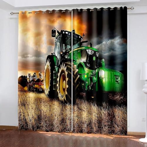 ZZTBQ Traktor Verdunkelungsvorhang Ösenschal Traktor Mähdrescher 2er Set Gardinen Wohnzimmer Modern Kurz Blickdichte Vorhänge für Schlafzimmer Gardine, 100x160 cm (BxH), 2er Set von ZZTBQ