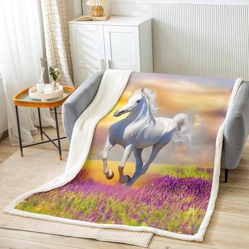 ZZTBQ Weiß Pferd Drucken Kuscheldecke für Erwachsene Pferd Warm Sherpa Decke Dicke Sofa Flanell Fleecedecke 150x200cm Tier Überwurfdecke für Bett Ultra Weich Flauschige Wohndecke von ZZTBQ