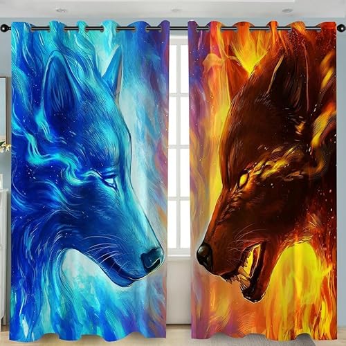 ZZTBQ Wolf Vorhänge Blickdicht 3D Tier Wolf Gardinen für Schlafzimmer Küche Verdunklungsvorhänge mit Ösen Thermovorhang für Wohnzimmer 117x138 cm (BxH), 2er Set von ZZTBQ