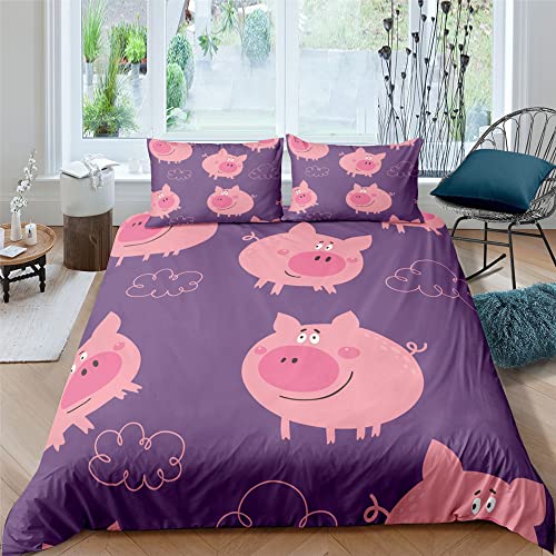 Bettwäsche 135x200 Lila Schweinchen, Wendemotiv Bettbezug Set für Kinder Einzelbett, Atmungsaktiv Bettbezüge mit Reißverschluss und 80x80 Kissenbezüge von ZZXHG