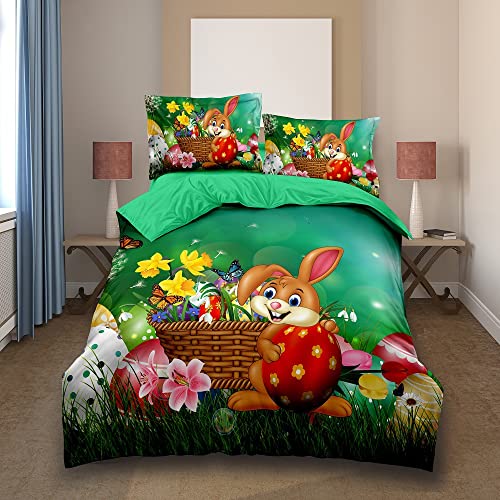 Bettwäsche 135x200 Mikrofaser 3teilig GrüNer Osterhase, Wendemotiv Bettbezug 135 x 200 mit Reißverschluss, Bettwäsche-Sets Kinder Einzelbett, 1 Bettbezüge + 2 Kissenbezug 80x80 cm von ZZXHG