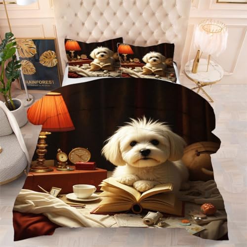 ZZXHG All Season 3D Druck Bettdecke Weich - WeißEr Hund Beim Lesen, Bettdecken Set mit 2 Kissenhüllen 80x80 cm für Erwachsene, 155x220 cm, Atmungsaktiv von ZZXHG