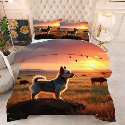 ZZXHG Atmungsaktiv 3D Druck Bettdecke Maschinenwaschbar - Hund Bei Sonnenuntergang, Weiche Bettdecke Set mit 2 Kissenhüllen 80x80 cm für Familien, 200x200 cm, Vier Jahreszeiten von ZZXHG