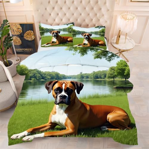 ZZXHG Atmungsaktiv 3D Druck Bettdecke Weich - Brauner Boxer, Bettwaren Set mit 2 Kissenhüllen 80x80 cm für Gästebetten und Jugendzimmer 135x200 cm von ZZXHG