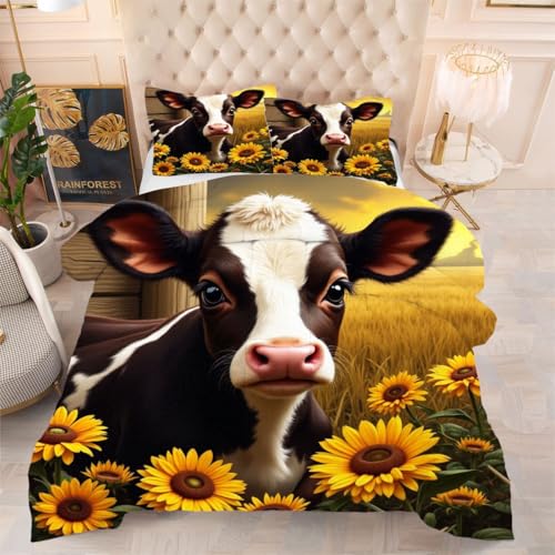 ZZXHG Atmungsaktiv 3D Druck Bettdecke Weich - Braunes Tier Kuh, Bettwaren Set mit 2 Kissenhüllen 80x80 cm für Gästebetten und Jugendzimmer 135x200 cm e1013 von ZZXHG