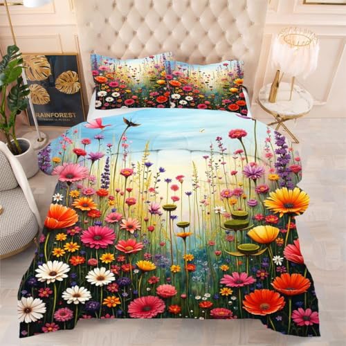 ZZXHG Atmungsaktiv 3D Druck Bettdecke Weich - Bunte Blumen, Bettwaren Set mit 2 Kissenhüllen 80x80 cm für Gästebetten und Jugendzimmer 135x200 cm von ZZXHG