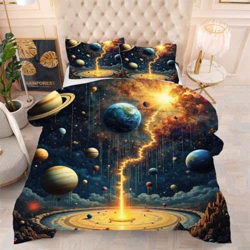 ZZXHG Atmungsaktiv 3D Druck Bettdecke Weich - Bunter Weltraum, Bettwaren Set mit 2 Kissenhüllen 80x80 cm für Gästebetten und Jugendzimmer 135x200 cm von ZZXHG