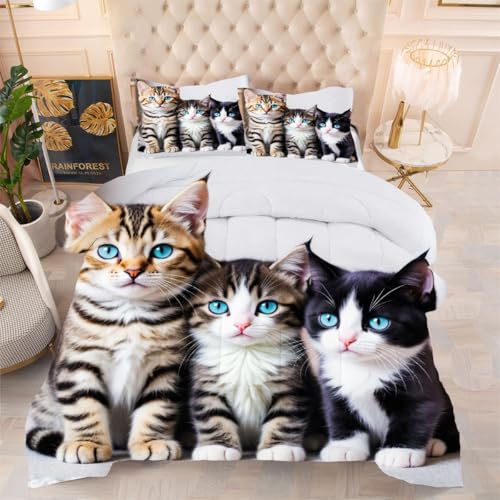 ZZXHG Atmungsaktiv 3D Druck Bettdecke Weich - DREI KäTzchen, Bettwaren Set mit 2 Kissenhüllen 80x80 cm für Gästebetten und Jugendzimmer 135x200 cm von ZZXHG