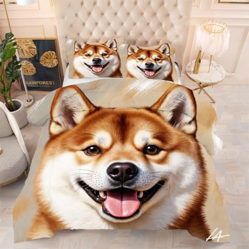 ZZXHG Atmungsaktiv 3D Druck Bettdecke Weich - Gelber Shiba Inu, Bettwaren Set mit 2 Kissenhüllen 80x80 cm für Gästebetten und Jugendzimmer 135x200 cm von ZZXHG