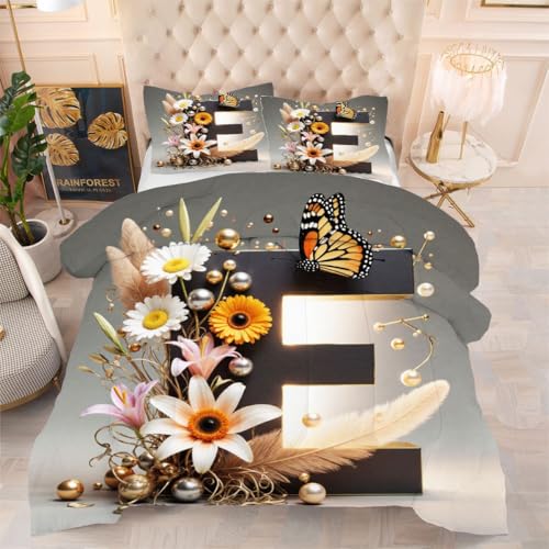 ZZXHG Atmungsaktiv 3D Druck Bettdecke Weich - Grauer Buchstabe E, Bettwaren Set mit 2 Kissenhüllen 80x80 cm für Gästebetten und Jugendzimmer 135x200 cm von ZZXHG