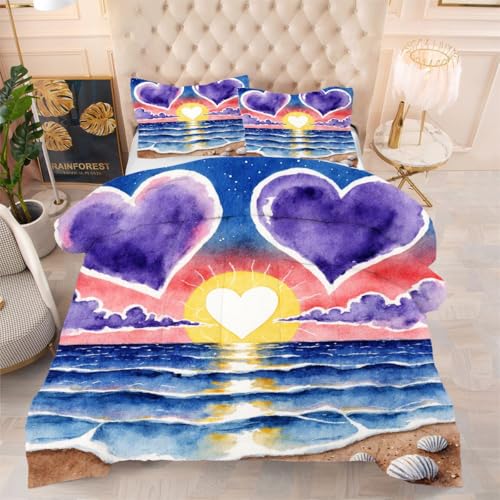 ZZXHG Atmungsaktiv 3D Druck Bettdecke Weich - Lila Herz, Bettwaren Set mit 2 Kissenhüllen 80x80 cm für Gästebetten und Jugendzimmer 135x200 cm von ZZXHG