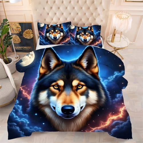 ZZXHG Atmungsaktiv 3D Druck Bettdecke Weich - Schwarzer Wolf, Bettwaren Set mit 2 Kissenhüllen 80x80 cm für Gästebetten und Jugendzimmer 135x200 cm von ZZXHG