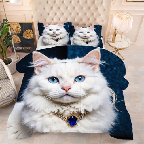 ZZXHG Atmungsaktiv 3D Druck Bettdecke Weich - WeißE Maine-Coon-Katze, Bettwaren Set mit 2 Kissenhüllen 80x80 cm für Gästebetten und Jugendzimmer 135x200 cm von ZZXHG