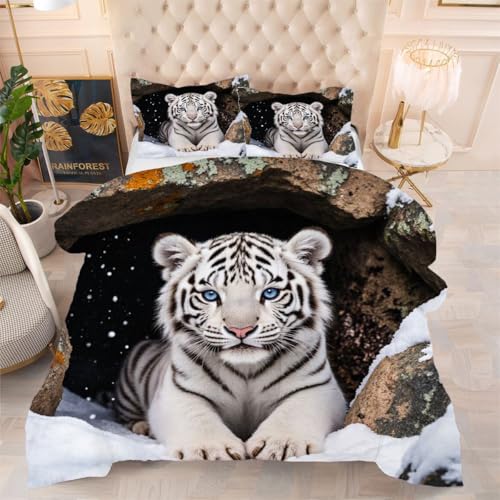 ZZXHG Atmungsaktiv 3D Druck Bettdecke Weich - WeißEr Tiger, Bettwaren Set mit 2 Kissenhüllen 80x80 cm für Gästebetten und Jugendzimmer 135x200 cm_h2 von ZZXHG