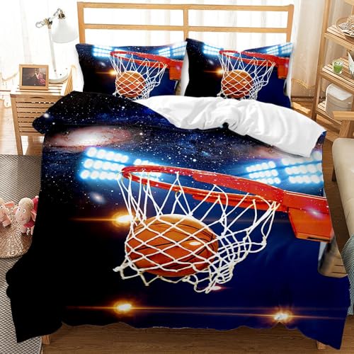 ZZXHG Bettwäsche 135x200 Mikrofaser 3teilig Blauer 3D-Basketball, Wendemotiv Bettbezug 135 x 200 mit Reißverschluss, Bettwäsche-Sets Kinder Einzelbett, 1 Bettbezüge + 2 Kissenbezug 80x80 cm von ZZXHG