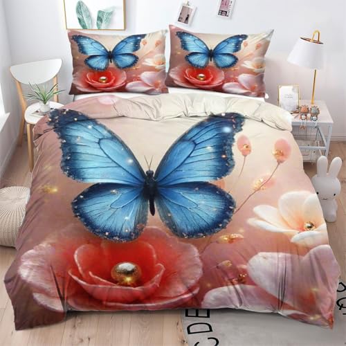ZZXHG Bettwäsche 135x200 Mikrofaser 3teilig Blauer Schmetterling, Wendemotiv Bettbezug 135 x 200 2er Set mit 80x80 cm Kissenbezug, Weiche Kinderbettwäsche Für Einzelbett mit Reißverschluss von ZZXHG