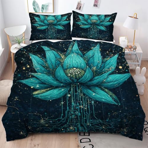 ZZXHG Bettwäsche 135x200 Mikrofaser 3teilig GrüNe Lotusblume, Wendemotiv Bettbezug 135 x 200 2er Set mit 80x80 cm Kissenbezug, Weiche Kinderbettwäsche Für Einzelbett mit Reißverschluss von ZZXHG