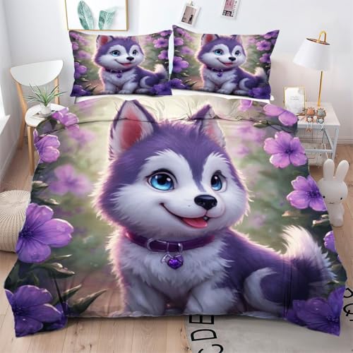ZZXHG Bettwäsche 135x200 Mikrofaser 3teilig Lila Husky, Wendemotiv Bettbezug 135 x 200 2er Set mit 80x80 cm Kissenbezug, Weiche Kinderbettwäsche Für Einzelbett mit Reißverschluss ZZXHG Bettwäsche 135x200 Mikrofaser 3teilig Lila Husky, Wendemotiv Bettbezug 135 x 200 2er Set mit 80x80 cm Kissenbezug, Weiche Kinderbettwäsche Für Einzelbett mit Reißverschluss von ZZXHG