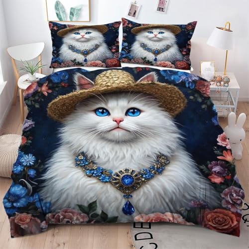 ZZXHG Bettwäsche 135x200 Mikrofaser 3teilig WeißE Katze füR Kinder, Wendemotiv Bettbezug 135 x 200 2er Set mit 80x80 cm Kissenbezug, Weiche Kinderbettwäsche Für Einzelbett mit Reißverschluss von ZZXHG