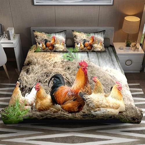 ZZXHG Bettwäsche 140x200 Mikrofaser 3teilig Braunes Tier Huhn Erwachsene, Wendemotiv Bettbezug Set für Kinder Einzelbett, Atmungsaktiv Bettbezüge mit Reißverschluss und 2 Kissenbezüge 80x80 von ZZXHG