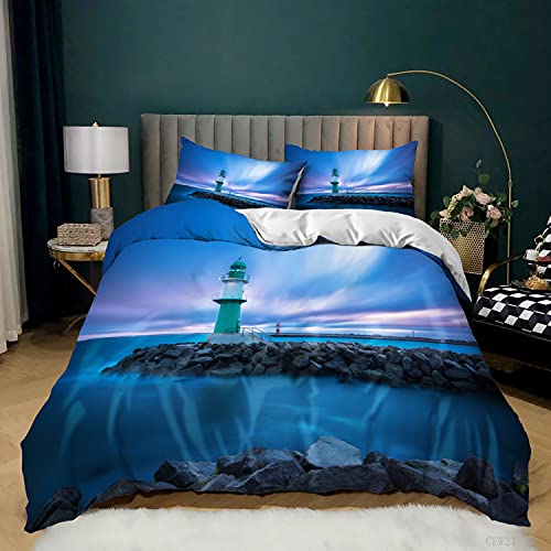 ZZXHG Bettwäsche 155x220 Blauer Leuchtturm FüR Erwachsene, 3 Teilig Mikrofaser Bettbezug für Kinder Einzelbett - Wendemotiv Bettbezüge mit Reißverschluss + 2 Kissenbezug 80x80 cm von ZZXHG