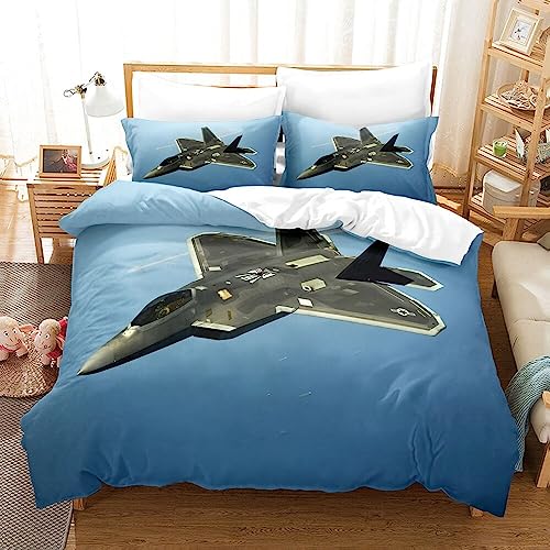 ZZXHG Bettwäsche 155x220 Mikrofaser 3teilig Blauer Stealth Fighter, Wendemotiv Bettbezug Set für Kinder Einzelbett, Atmungsaktiv Bettbezüge mit Reißverschluss und 2 Kissenbezüge 80x80cm von ZZXHG