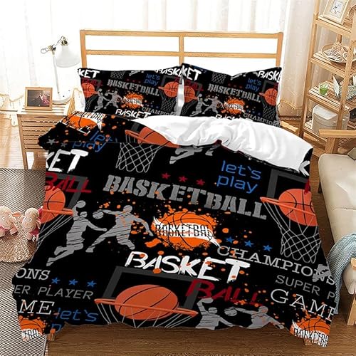 ZZXHG Bettwäsche 155x220 Schwarzer Basketball Junior, Weiche Mikrofaser Wendemotiv Bettbezug Set für Kinder Einzelbett, Atmungsaktiv Bettbezüge mit Reißverschluss und 2 Kissenbezüge 80x80 von ZZXHG