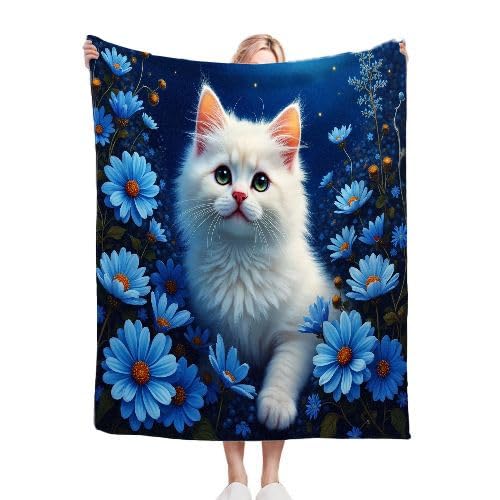 ZZXHG Kuscheldecke Flauschig Blaue Blumen & Katze, Warme Flanell Fleecedecke Wohndecke Sofadecke, Weiche Plüsch Decke Blanket für Kind Erwachsene, Wendedecke Wolldecke Tagesdecke 220x240 XXL von ZZXHG