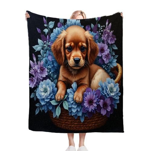 ZZXHG Kuscheldecke Flauschig Blumenkorb & Hund, Warme Flanell Fleecedecke Wohndecke Sofadecke, Weiche Plüsch Decke Blanket für Kind Erwachsene, Wendedecke Wolldecke Tagesdecke 220x240 XXL von ZZXHG