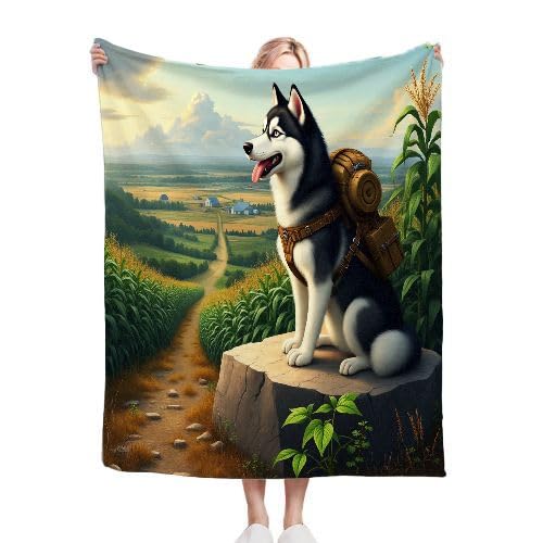 ZZXHG Kuscheldecke Flauschig Husky mit Rucksack, Warme Flanell Fleecedecke Wohndecke Sofadecke, Weiche Plüsch Decke Blanket für Kind Erwachsene, Wendedecke Wolldecke Tagesdecke 220x240 XXL von ZZXHG