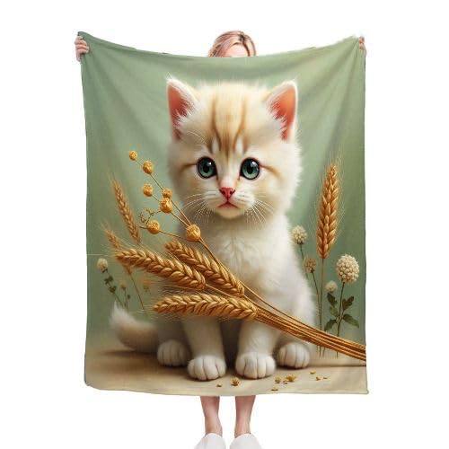 ZZXHG Kuscheldecke Flauschig Katze & WeizenäHren, Warme Flanell Fleecedecke Wohndecke Sofadecke, Weiche Plüsch Decke Blanket für Kind Erwachsene, Wendedecke Wolldecke Tagesdecke 220x240 XXL von ZZXHG