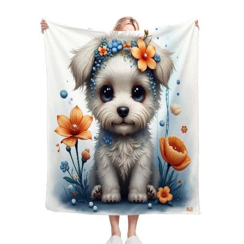 ZZXHG Kuscheldecke Flauschig Kind WeißEr Hund mit Blumen, Weiche Flanell Fleecedecke Plüsch Decke für Kind Haustier, Warm Sofadecke Wohndecke Couchdecke Wolldecke Tagesdecke - 75x100 cm von ZZXHG