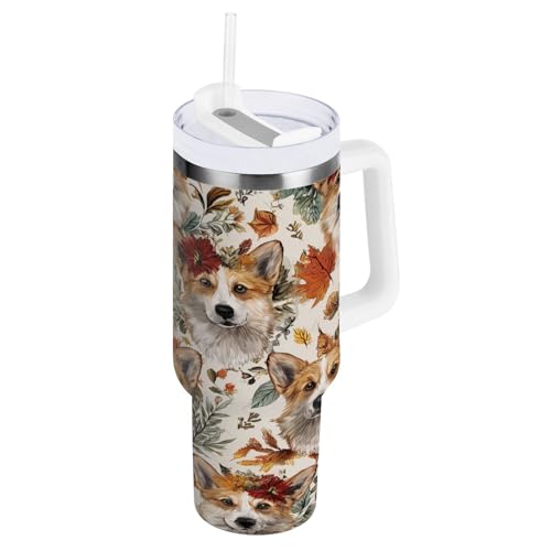 Corgi isolierte Edelstahl-Wasserflasche mit Griff und Strohhalm-Deckel, doppelwandiger Reisebecher, 850 ml von ZZXXB